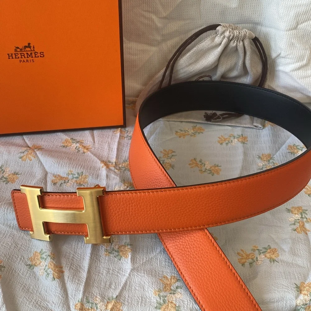 Double Sided Belt Metal Belt H Buckle Hermes Orange/Black